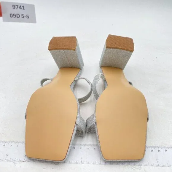 YDN Silver Glitter Open Square Toe Mules Block Heel Double Straps Sandals - Picture 7 of 8